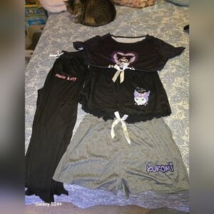 Hello Kitty and Kuromi Adult Pajama Set - Black and Gray Size Large